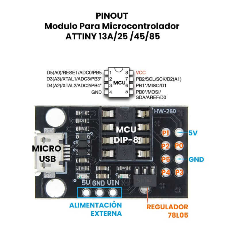 Mini Attiny 85 Micro USB Programador board de desarrollo pequeño 85-20PU DIP-8 IC BSG 