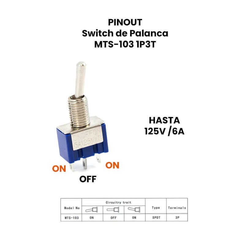 Mini Interruptor de Palanca 3 Posiciones ON OFF ON Modelo MTS-103
