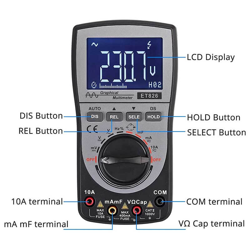Multímetro osciloscopio ACV/DCV/ACA/DCA ET826 voltaje uniforme de mano LCD 