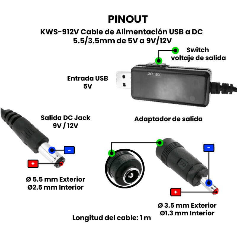 KWS-912V Cable de Alimentación USB a DC 5.5/3.5mm de 5V a 9V/12V