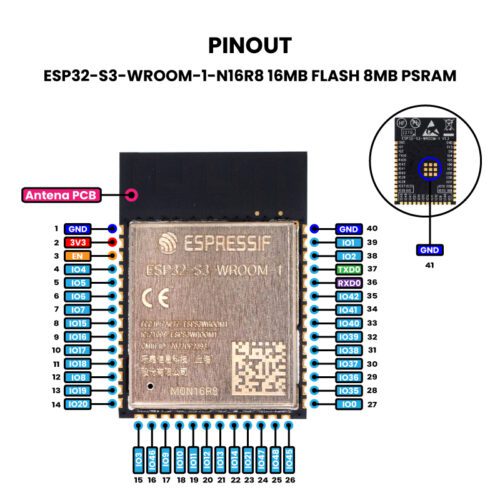 ESP32-S3-WROOM-1-N16R8 16MB FLASH 8MB PSRAM Pinout
