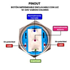 Botón Impermeable Enclavable con Luz 16mm 12-24V Varios Colores Pinout