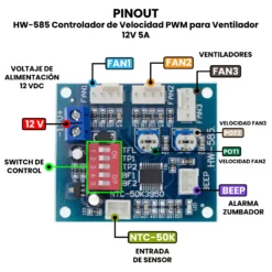 AR4227 - HW-585 Controlador de Velocidad PWM para Ventilador 12V 5A PINOUT