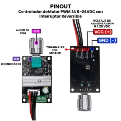 AR4851 - Controlador de Motor PWM 3A 6~24VDC con Interruptor Reversible PINOUT
