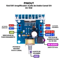 AR4822 - TDA7297 Amplificador Audio de Doble Canal 12V DC 15W PINOUT