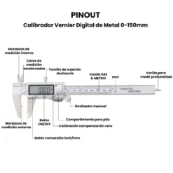 Calibrador Vernier Digital de Metal 0-150mm Pinout