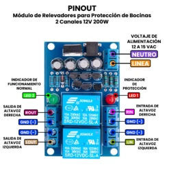 AR5382 - Módulo de Relevadores para Protección de Bocinas 2 Canales 12V 200W PINOUT