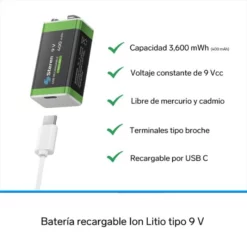 Batería Li-Ion 9V 400mAh Recargable BAT-LI-9V USB