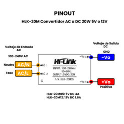 HLK-20M Convertidor AC a DC 20W 5V o 12V Pinout