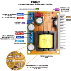AR5388 - Convertidor Boost 8-32V a 45-390V 5A PINOUT_Mesa de trabajo 1