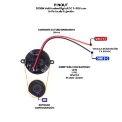 AR5519 - 3030N Voltímetro Digital DC 7-55V con Orificios de Sujeción PINOUT_Mesa de trabajo 1 (1)