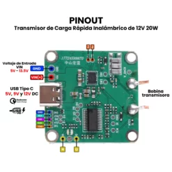 Cargador de Carga Rapida Inalámbrico de 12V 20W Transmisor Pinout