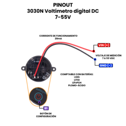 AR5519 - 3030N Voltímetro Digital DC 7-55V con Orificios de Sujeción PINOUT_Mesa de trabajo 1